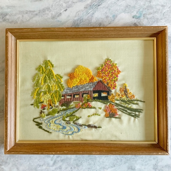 Vintage Boho Covered Bridge Floral Needlepoint Art